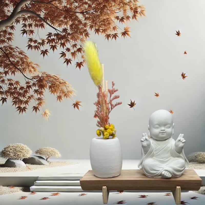 文青简约风 净念吉祥之一笑小佛 原木底座系列 搭配永生花扩香瓶 - 摆饰 - 水泥 白色