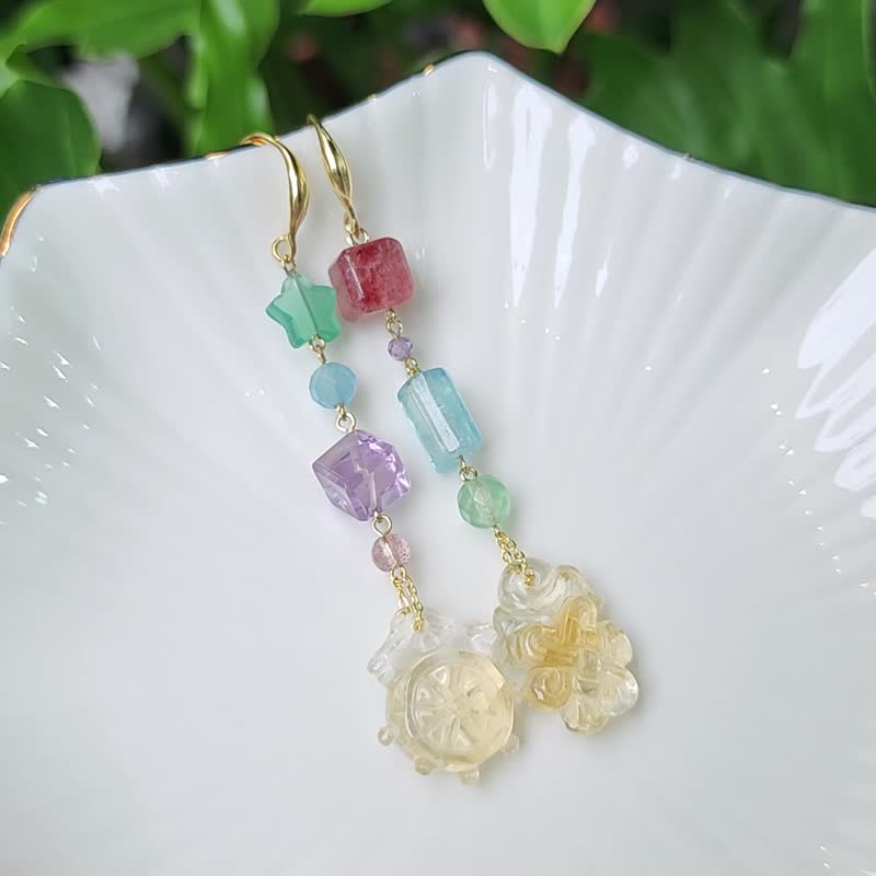 顶级黄水晶 盘长 法轮 玉瓍 海蓝宝 紫水晶 彩虹 耳环 单品 礼物 - 耳环/耳夹 - 宝石 多色