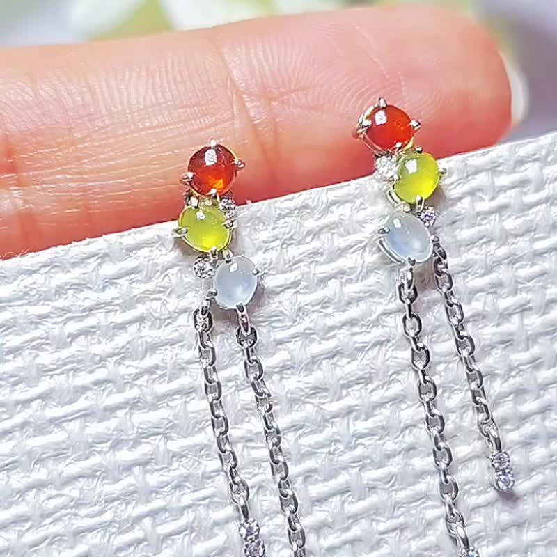 |幸运多宝|a货翡翠冰多宝彩虹蛋面4mm纯银镀18k多宝流苏款耳环 - 耳环/耳夹 - 玉石 