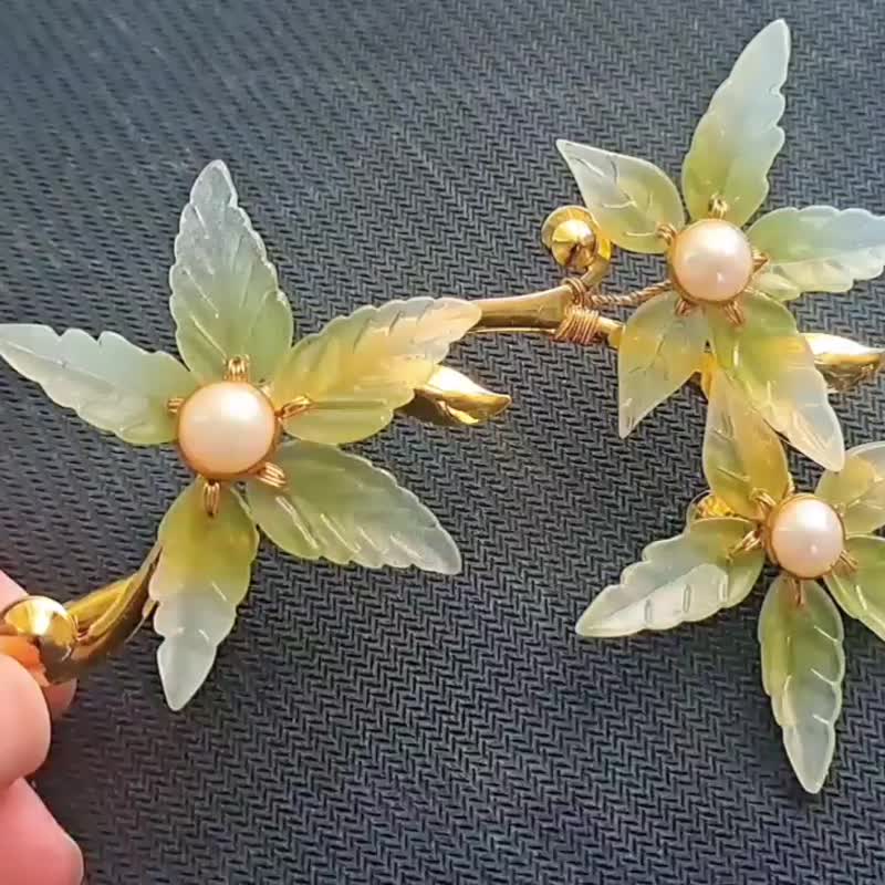 宝石琉璃花系列【珍珠枫叶】~藤蔓花叶夹 - 发饰 - 玻璃 绿色