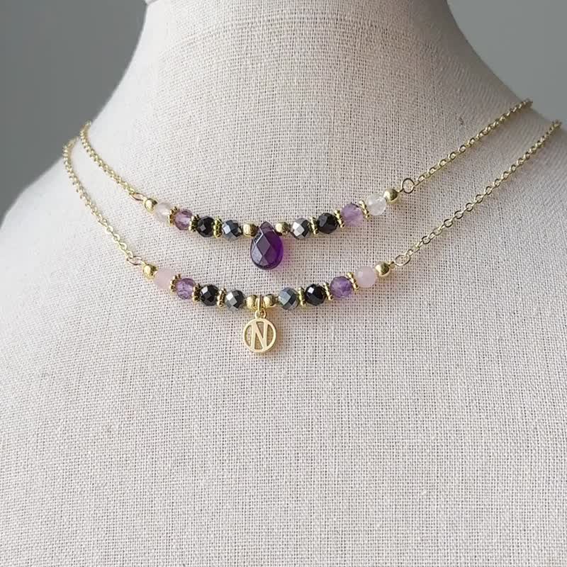 黑碧玺 赤铁矿 粉晶 紫水晶 4MM 天然石 英文字母水晶项链 (连盒) - 项链 - 水晶 紫色
