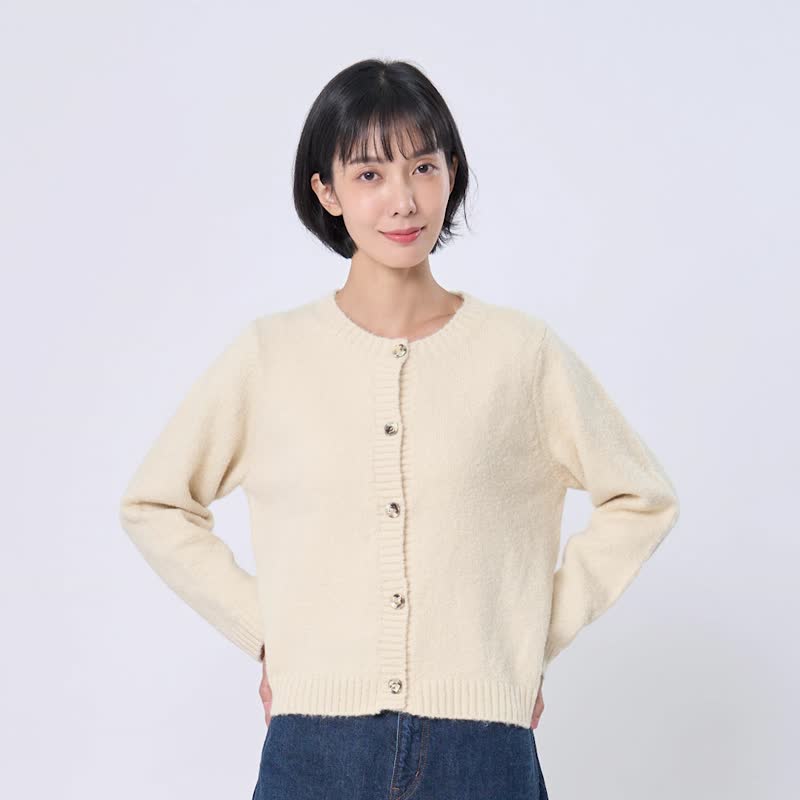 Lucia開襟圓領鈕扣針織外套/麥白 - 女装针织衫/毛衣 - 棉．麻 白色