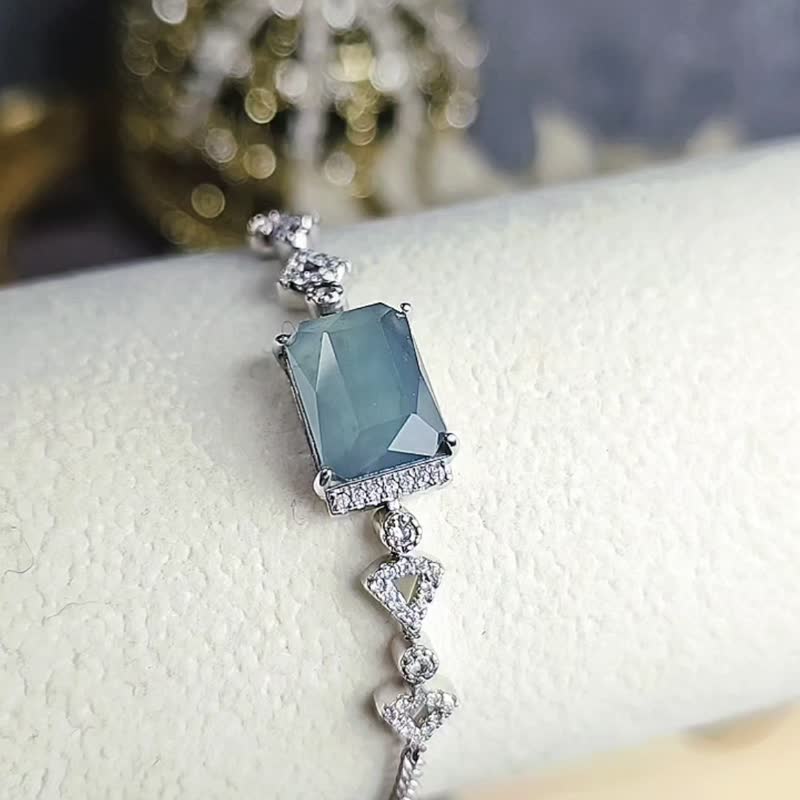 财水|梦幻冰玻蓝大方糖|A货翡翠切割面纯银手链 - 手链/手环 - 玉石 