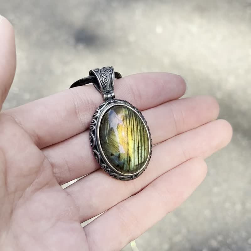 喜迎瑶 925银 拉长石 黄色拉长石 吊坠 项链 民族风 嬉皮 复古风 - 项链 - 水晶 银色