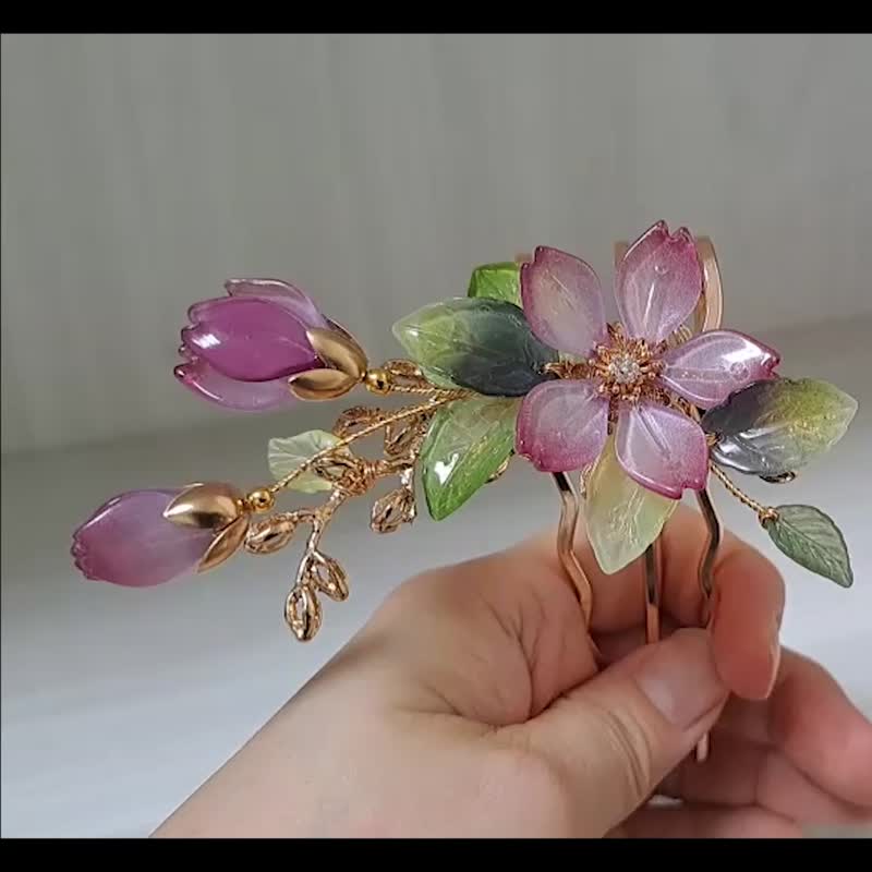 宝石琉璃花系列~【紫红樱花】~后压式三股发钗 - 发饰 - 玻璃 紫色