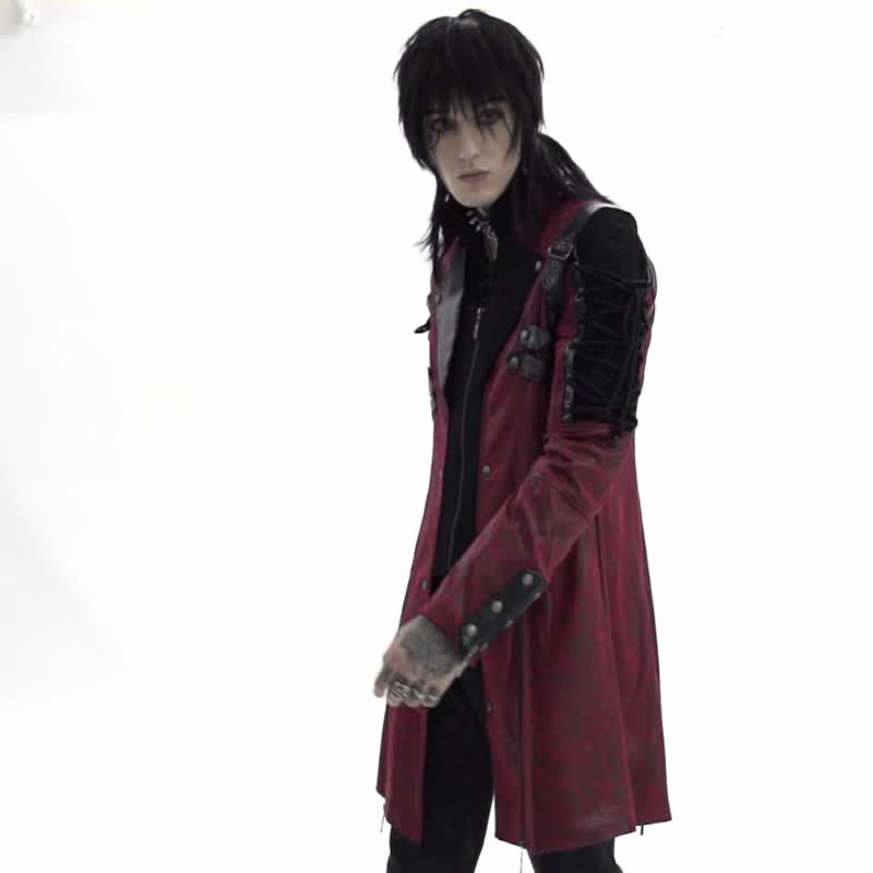 庞克先锋摇滚高领长外套 - 红 / 黑 / 情侣款 / 假两件设计 - 男装外套 - 其他材质 红色
