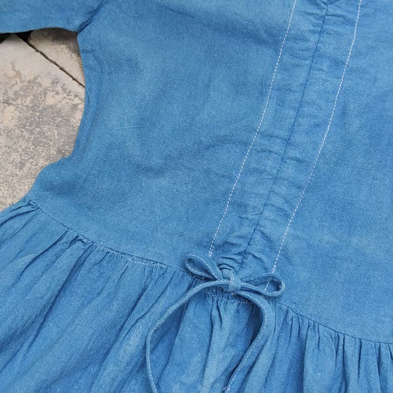 【ถุงโชคดี】Mini V-Neck Set  - 靛蓝色扎染褶饰连身裙 - 洋装/连衣裙 - 棉 蓝色