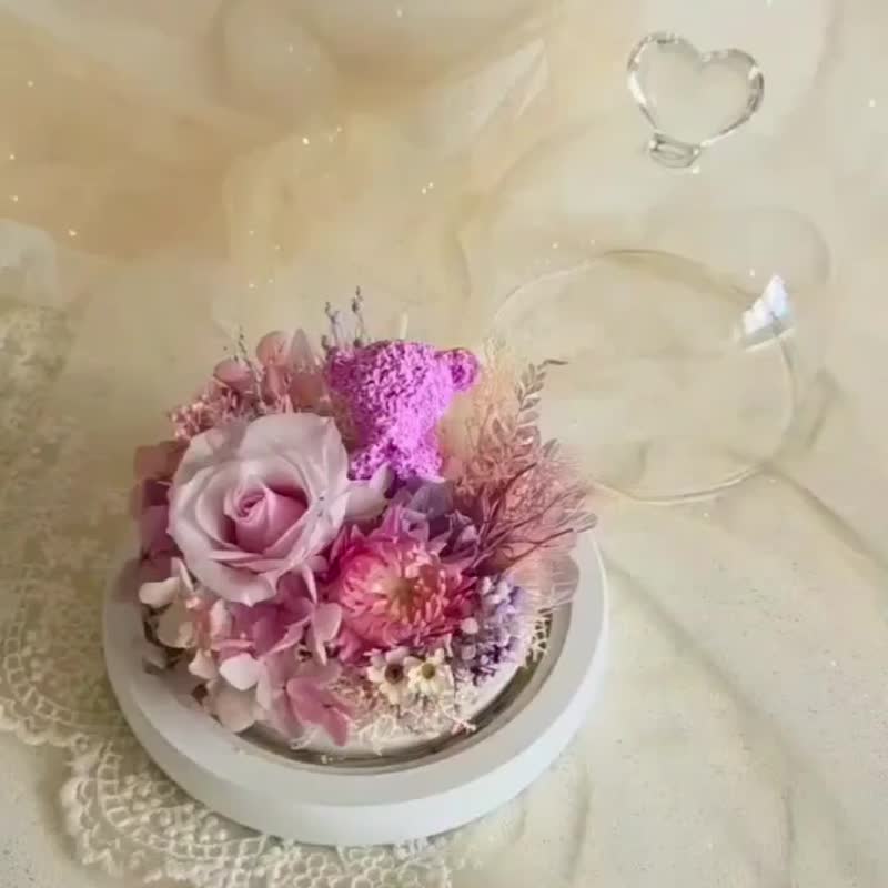 小熊永生花花盅小夜灯 玻璃罩 成品/材料包 开幕/入厝礼物 婚礼 - 干燥花/捧花 - 其他材质 
