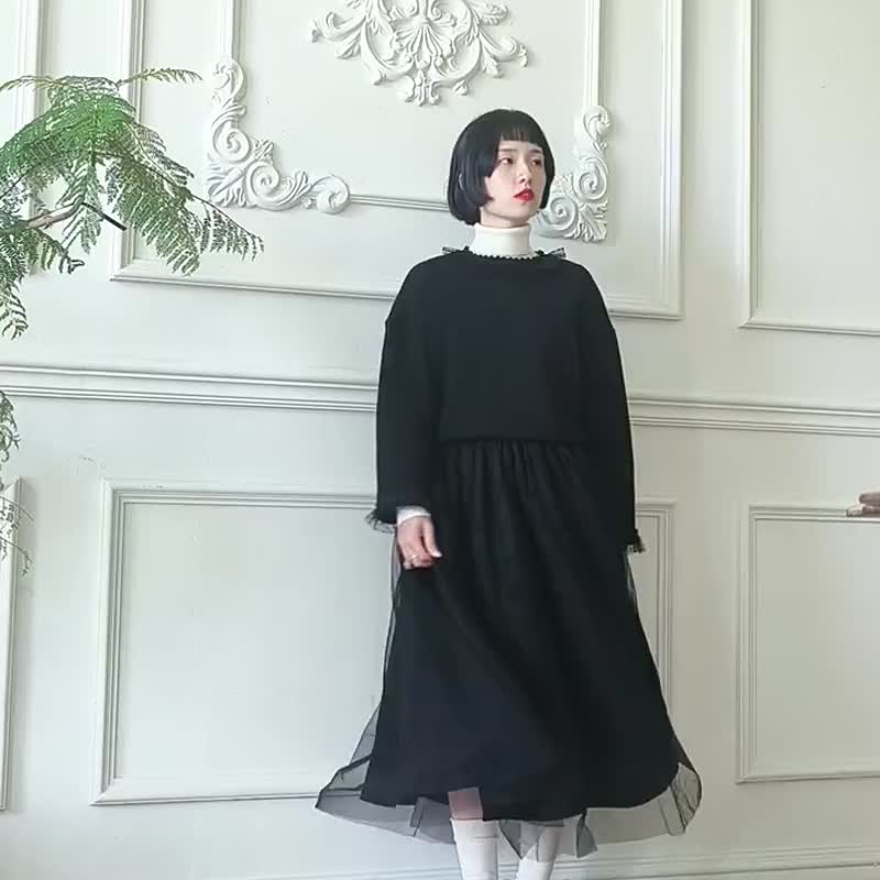 黑色 法式復古少女三層重工薄紗裙 提花高腰A字半身裙 - 裙子 - 其他人造纤维 黑色