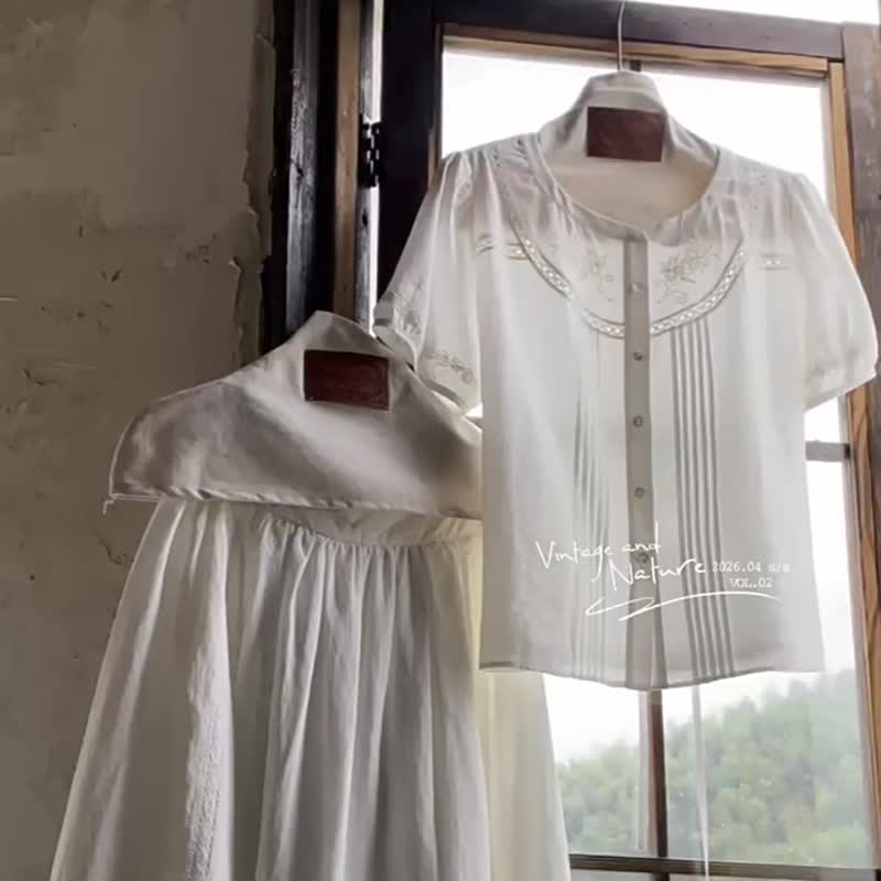 白色 安納白繡衫 法式古典文藝圓領襯衫 花卉刺繡蕾絲拼接上衣 - 女装衬衫 - 棉 白色
