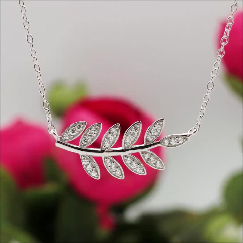 纯银橡树叶锁骨链 1mm极细链 链长40-45cm镀白金项链 延长链3段式 - 锁骨链 - 纯银 银色