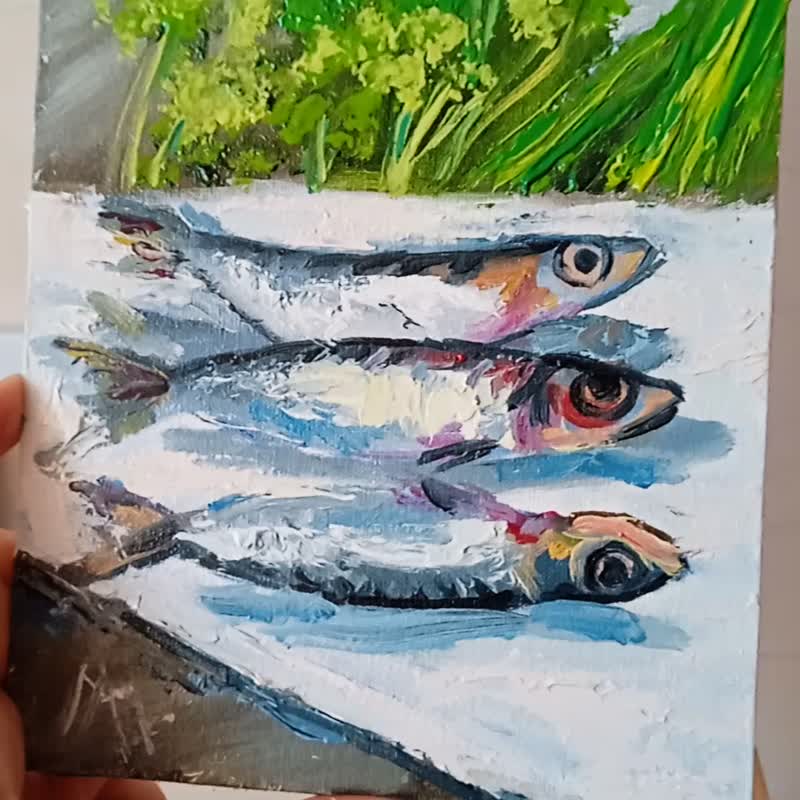 沙丁鱼画静物沙丁鱼原创艺术油画 6*8 英寸 - 海报/装饰画/版画 - 其他材质 灰色