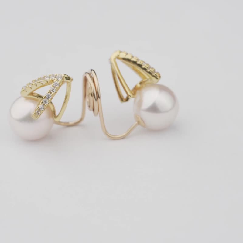 耳钉错觉 Akoya珍珠隐形耳夹 14K包金锆石 - 耳环/耳夹 - 珍珠 