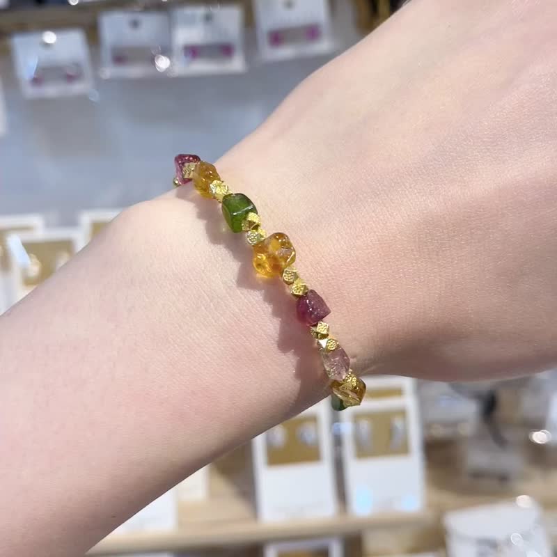 天然彩色碧玺原矿实心三链接金马蹄扣随意扣手链强能量人缘财富 - 手链/手环 - 水晶 多色