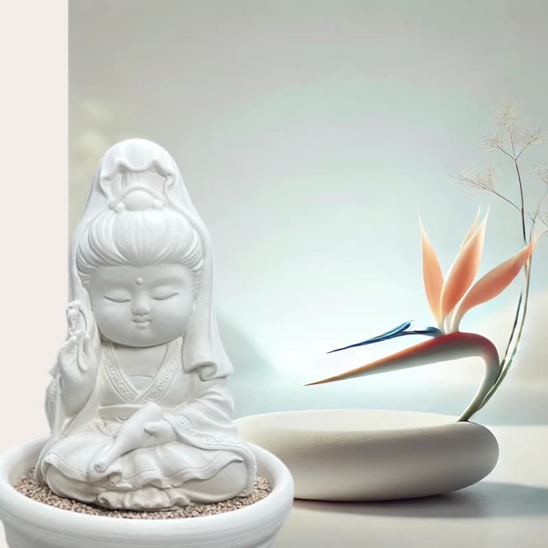 静谧之美学 净念吉祥小佛之宝瓶观音小盘套组  精致台湾文创礼品 - 香薰/精油/线香 - 水泥 白色