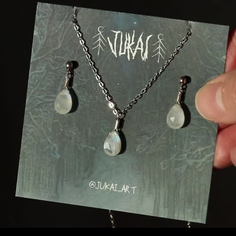 Rainbow Moonstone 月光银耳环项链套组 - 项链 - 纯银 银色