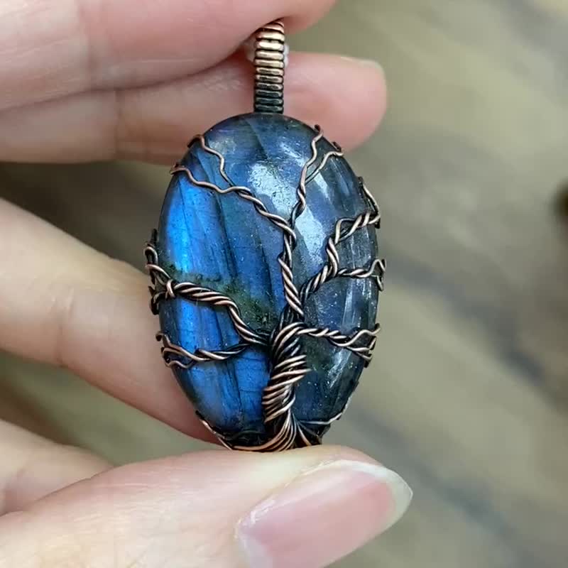 WW30 全手工编织 绕铜线 复古做旧 wire wrap 拉长石吊咀 项链 - 项链 - 铜/黄铜 蓝色