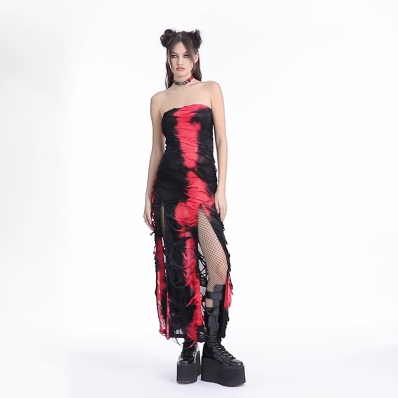 哥德火之国术士抹胸连身裙 - 多色 / 仅有红 / 做旧+扎染工艺 - 洋装/连衣裙 - 其他材质 红色