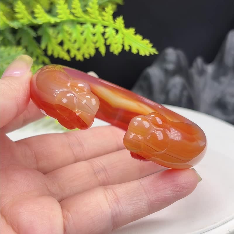 渐变橘红 开口溏心玛瑙手镯 56+MM 冰透起光千层聚宝盆 手雕猫爪 - 手链/手环 - 半宝石 橘色