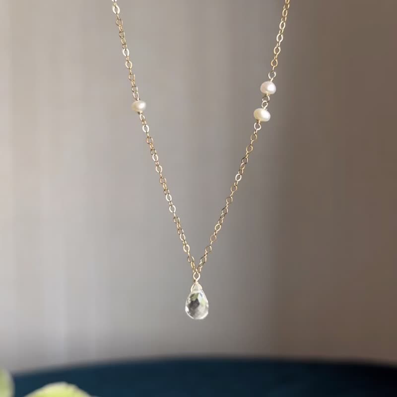 纯白 14KGF 白水晶 x 淡水珍珠 项链 - 项链 - 宝石 白色