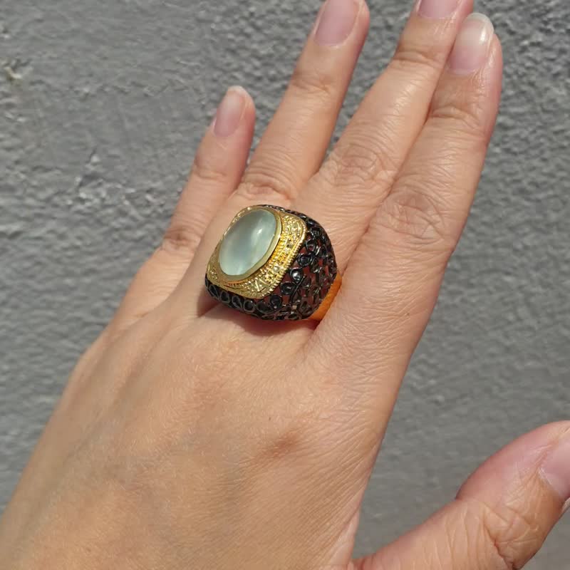 Aquamarine ring, silver 925 in yellow gold & black rhodium plated. - 戒指 - 宝石 蓝色