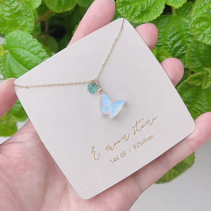 冰透蓝晕月光石蝴蝶 碧玺小花锁骨链 14K - 项链 - 水晶 蓝色