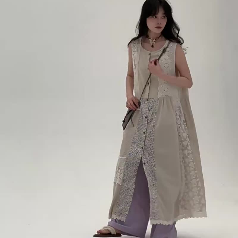 紫色花 拼接碎花蕾絲背心裙 日系文藝復古甜美設計感細肩帶長裙 - 洋装/连衣裙 - 棉 卡其色