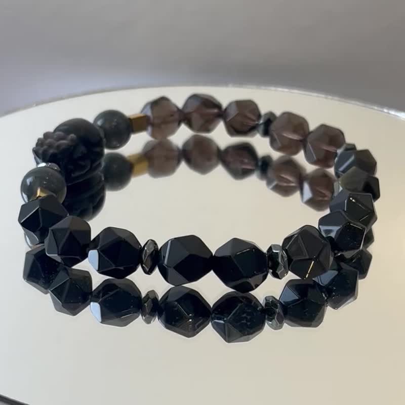 招财保平安貔貅 银曜石 茶晶 黑玛瑙 铁胆石 拉长石 天然水晶手链 - 手链/手环 - 水晶 