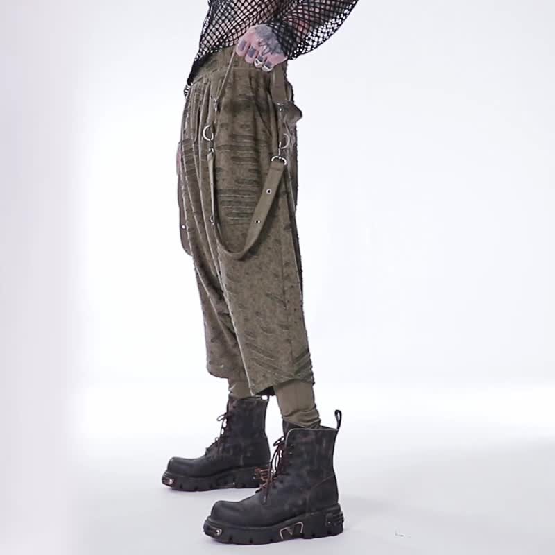 废土异教徒做旧飞鼠裤 - 绿 / 黑 / 弹性腰头 - 男士长裤 - 其他材质 绿色