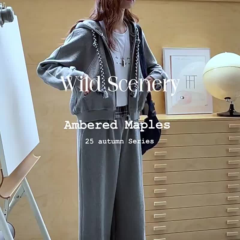 灰色套裝 街頭隨想 藝術連帽衛衣外套 格紋休閒褲 兩件套裝 - 女装上衣 - 棉 灰色