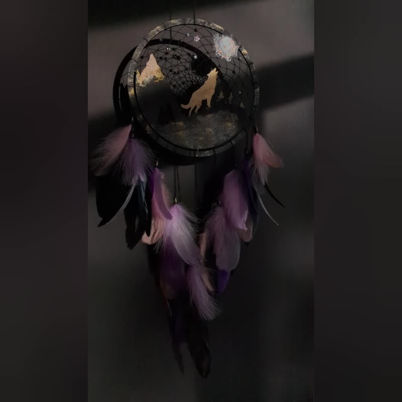 魔法森林狼与月亮手工紫黑色捕梦网|手工制作的 - 墙贴/壁贴 - 木头 紫色