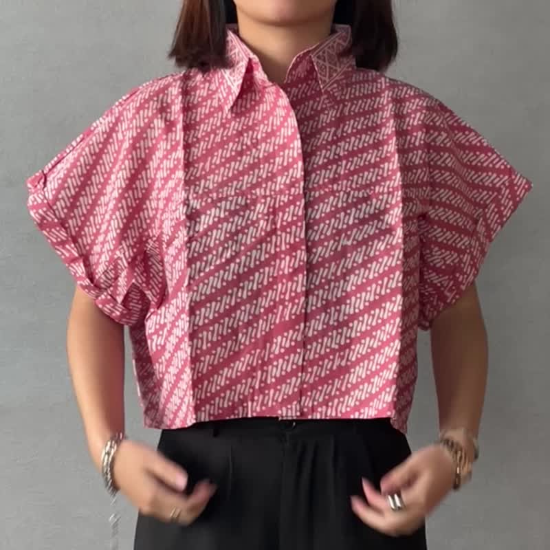 印尼蜡染可爱少女风短版衬衫 PUPUT - 粉红帕朗 - PUP026 - 女装上衣 - 棉．麻 粉红色