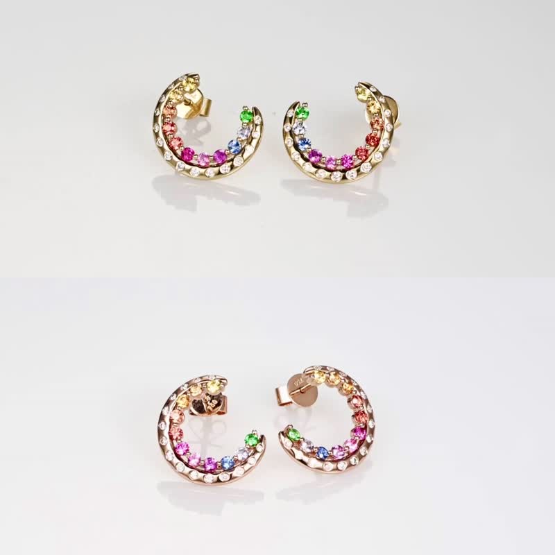 彩虹月亮船月晕彩色蓝宝石沙弗莱钻石18k金宝石项链耳环 - 耳环/耳夹 - 宝石 多色