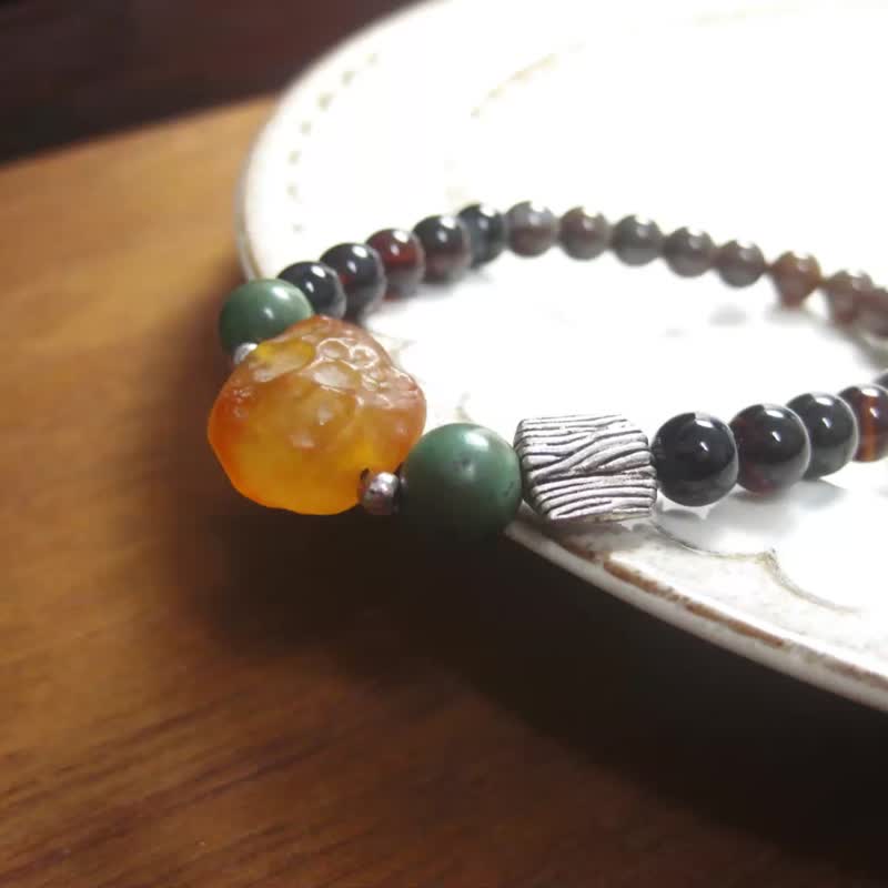 手链 珠串设计 阿拉善玛瑙+绿松石+木化玉+925银 - 手链/手环 - 玉石 橘色