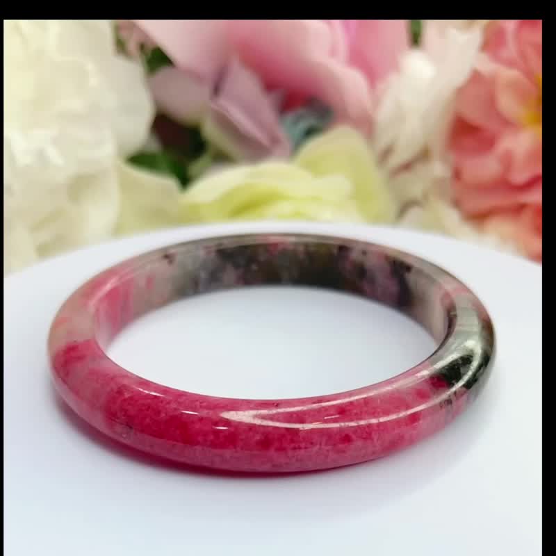稀有无染色 天然蔷薇辉手镯 樱花雨泼墨纹 59 mm 透度玉化 - 手链/手环 - 水晶 红色