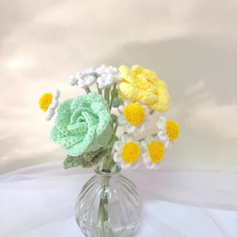 小清新玫瑰瓶 手工针织花束 针织花 日常花束 居家摆设 仪式感七 - 干燥花/捧花 - 棉 白色