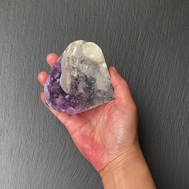 招财开运-天然原矿异象紫晶镇共生彩虹方解石及黑碧玺 风水摆件 - 摆饰 - 水晶 多色