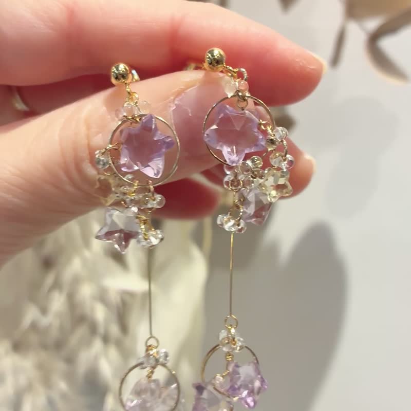 星空权杖 紫水晶 柠檬晶 - 耳环/耳夹 - 半宝石 紫色