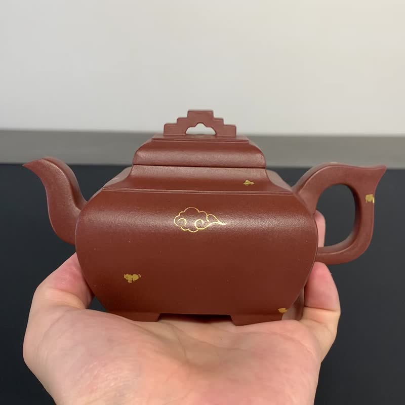 慕古老式四方器 紫泥 描金 300cc 原矿紫泥制作 造型古雅描金 - 茶具/茶杯 - 陶 灰色