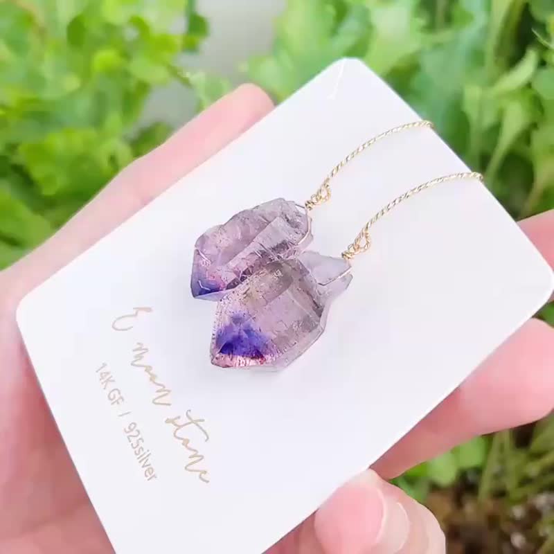双层千层幻影  / 镜面极亮原矿 / 全冰透超七权杖耳环 14K - 耳环/耳夹 - 水晶 紫色