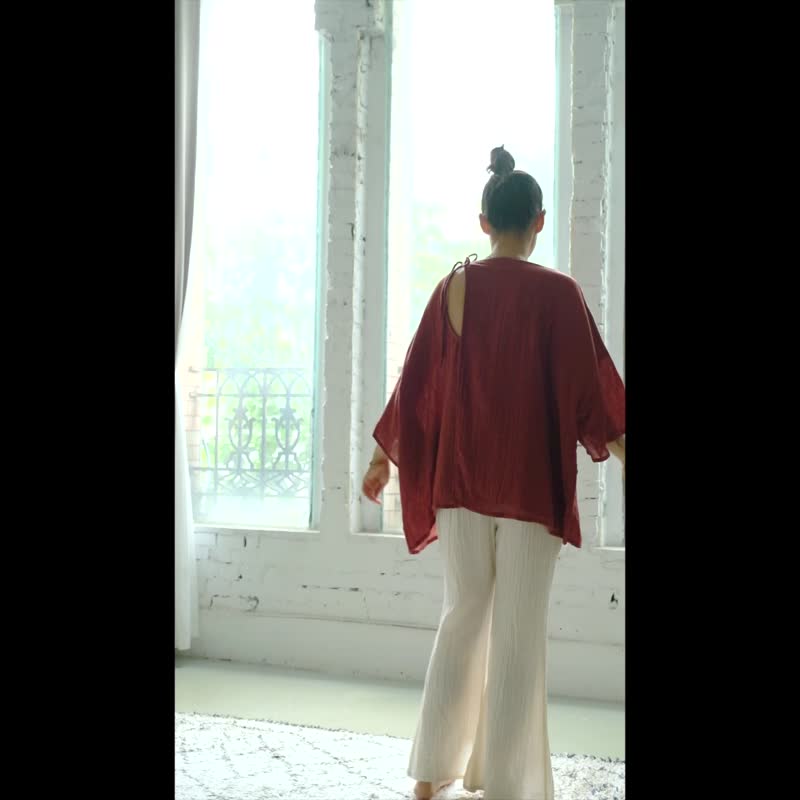 OMAKE 侧绑带宽袖上衣 / 双层纱 砖红 - 女装上衣 - 棉 红色