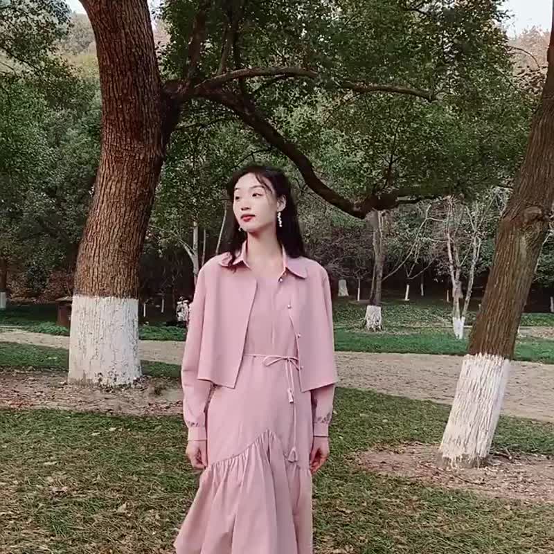 超显瘦两件套衬衫連衣裙套装 长袖衬衫吊带鱼尾裙洋装秋装 - 洋装/连衣裙 - 其他材质 粉红色