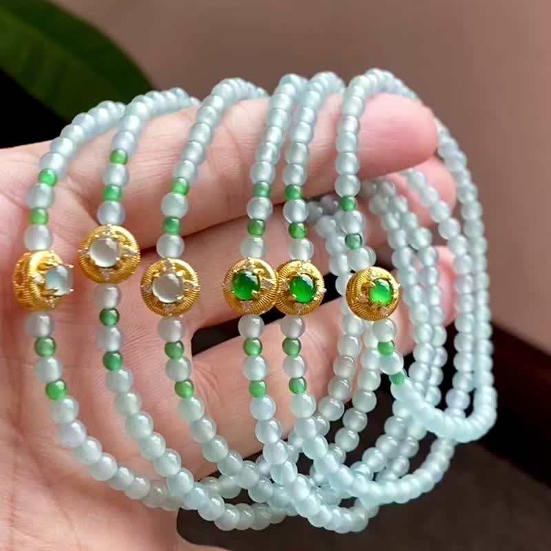 冰种天然翡翠A玉玉珠玉链手链颈链 • 925银镶翡翠小米珠手串 - 手链/手环 - 玉石 蓝色
