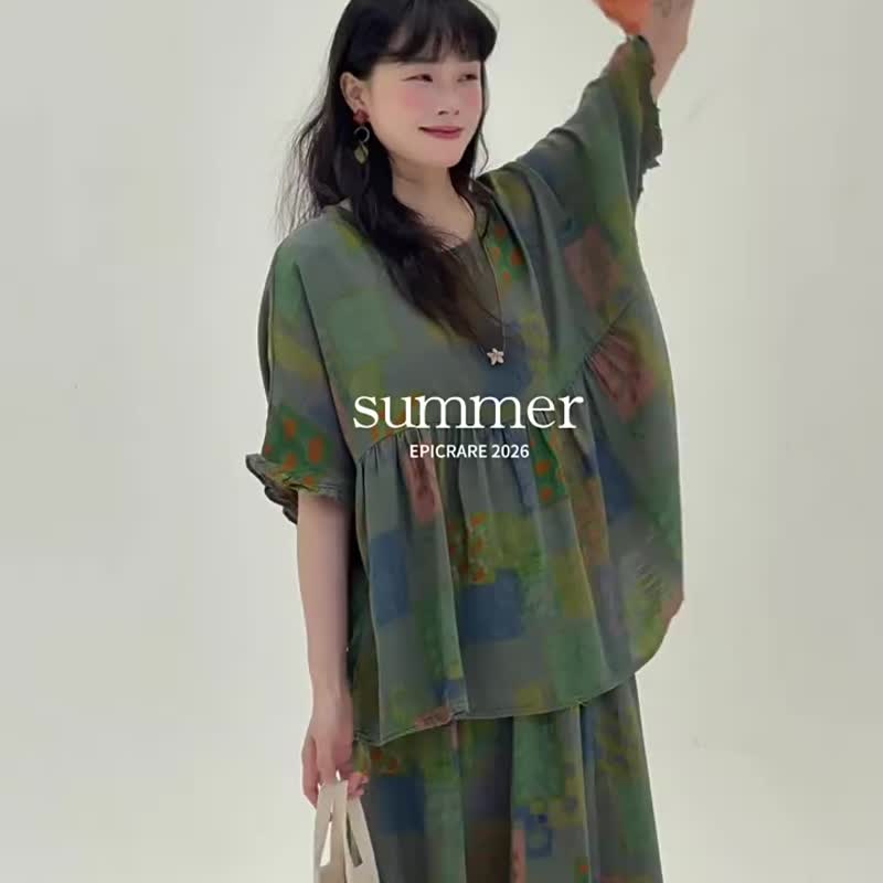 綠色 苔蘚與花 花邊套裝 休閒文藝小眾襯衫上衣 半身裙 兩件套 - 女装衬衫 - 棉 绿色