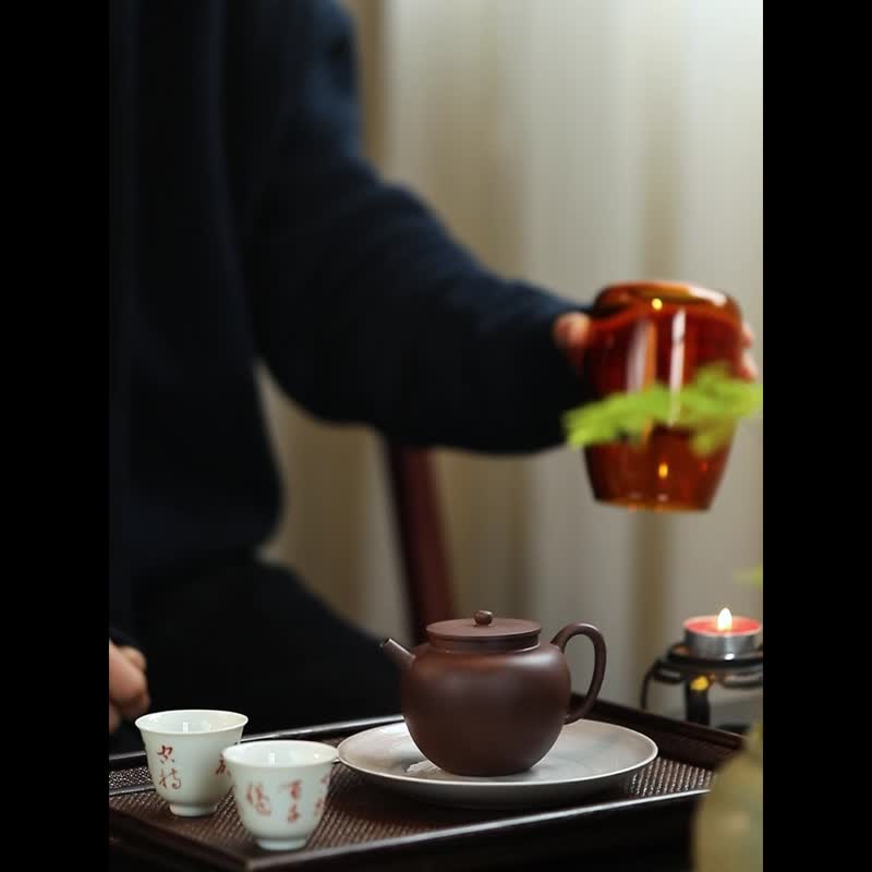 原矿紫泥 平盖莲子 家用高颜值泡茶壶 宜兴传统手工新中式茶器 - 茶具/茶杯 - 陶 灰色