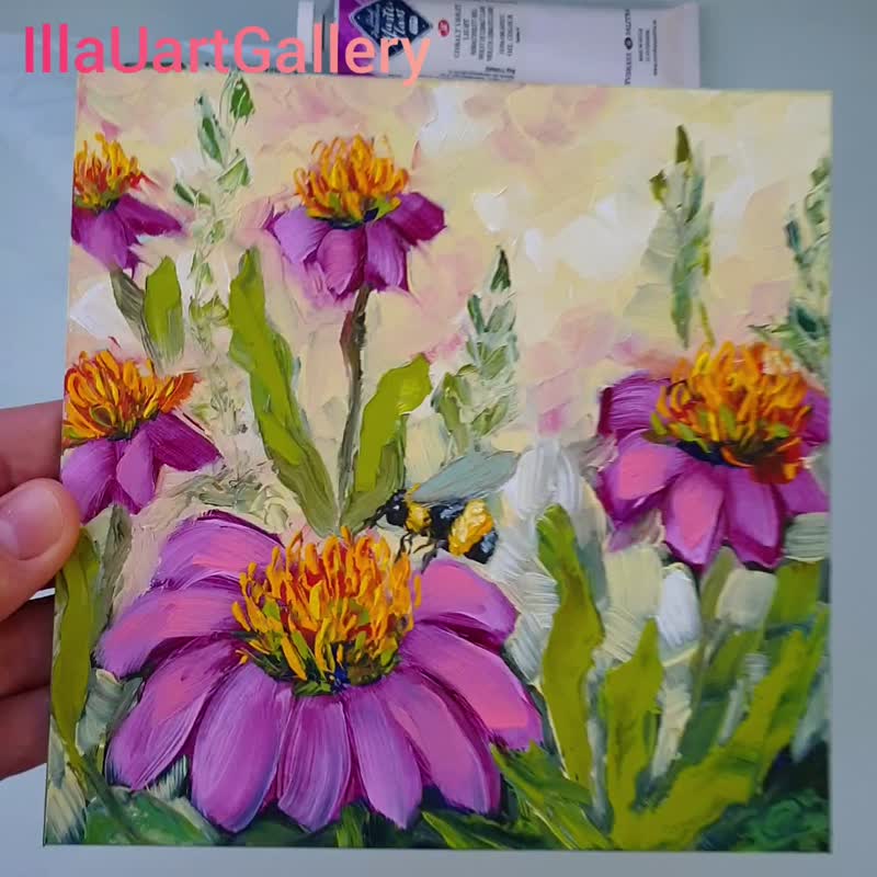 Bee Painting Daisy Original Art Flower Wall Art Floral Small Oil Painting - 海报/装饰画/版画 - 其他材质 多色