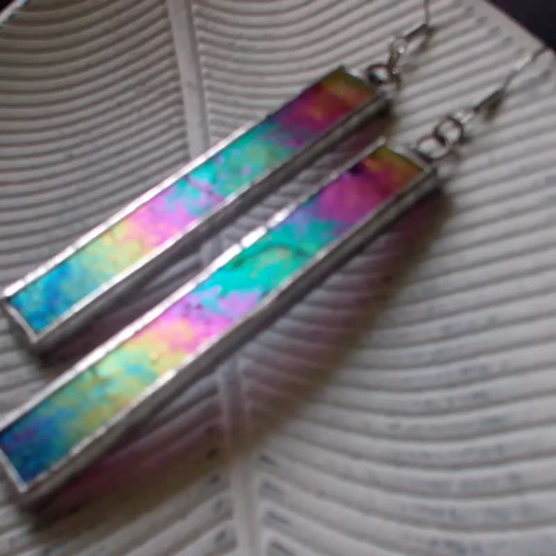 玻璃耳環 幾何 Iridescent glass mosaic earrings. stained glass cute rectangle earrings. - 耳环/耳夹 - 玻璃 紫色