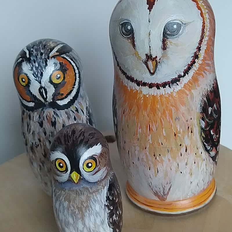 Matryoshka Owls Original Art Wood Owl Painting Nesting Dolls Art Bird Artwork - 摆饰 - 木头 咖啡色