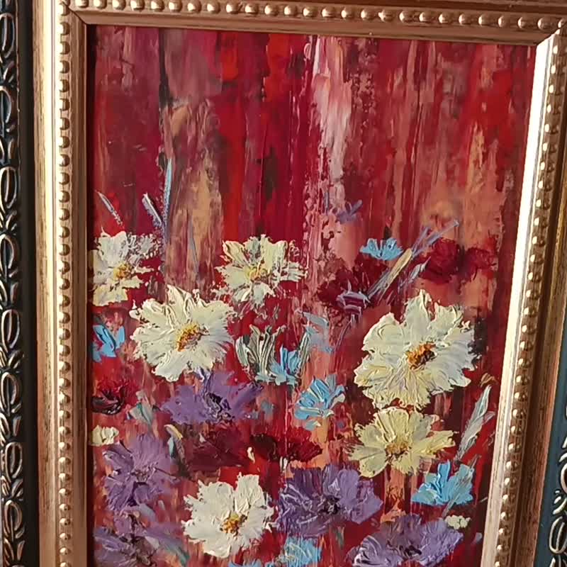 波希米亚之花 — 2，15x10 厘米，纸板油画，2023 年，维多利亚·瓦卢克 (Victoria Valuk) 创作 - 墙贴/壁贴 - 颜料 红色