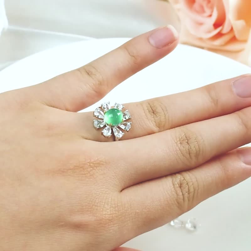 台湾蓝宝系列 ||花开富贵|| 台湾蓝宝 蛋面戒指 - 戒指 - 银 绿色